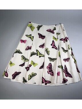 Talbots Knee Length Pleated Flare Skirt Ivory Butterfly SZ 6